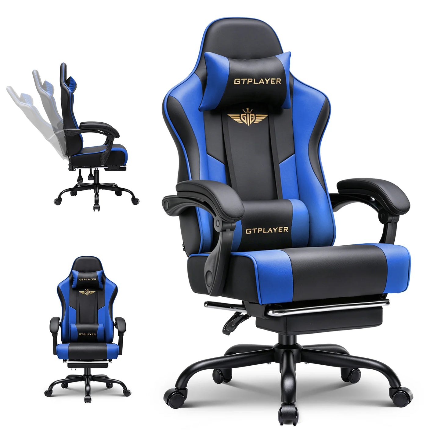 GTPLAYER Gaming chair Chair Gamer armchair-Ergonomic Gamer chair Height Adjustable Padded Gaming chair with Footrest Headrest and Lordo Support