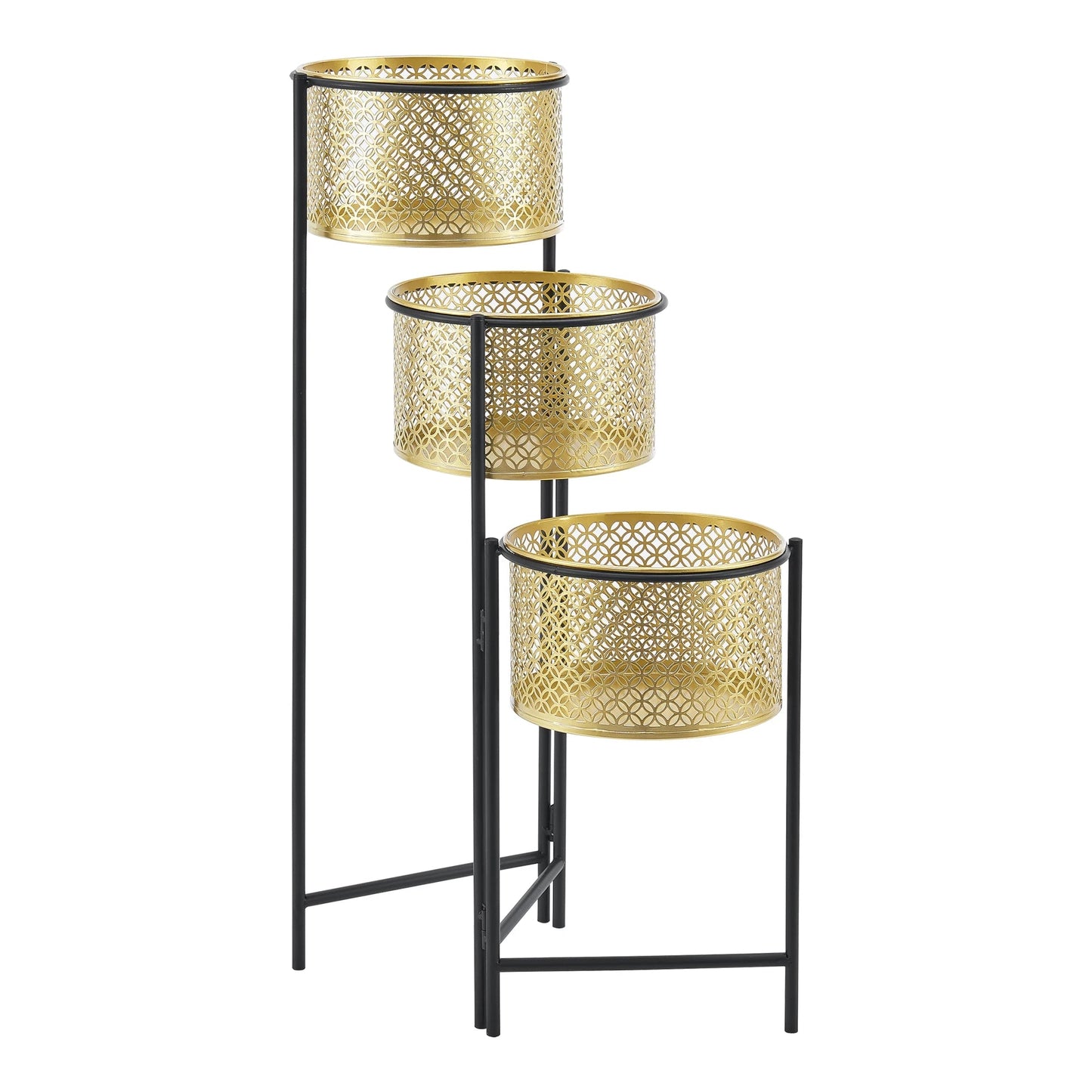 In And OutdoorMatch Bloempot Ariane - Op Standaard - 69x69x20 cm - Zwart en Messing - Metaal - 3 Bloempotten - Modern Design Flowerpot