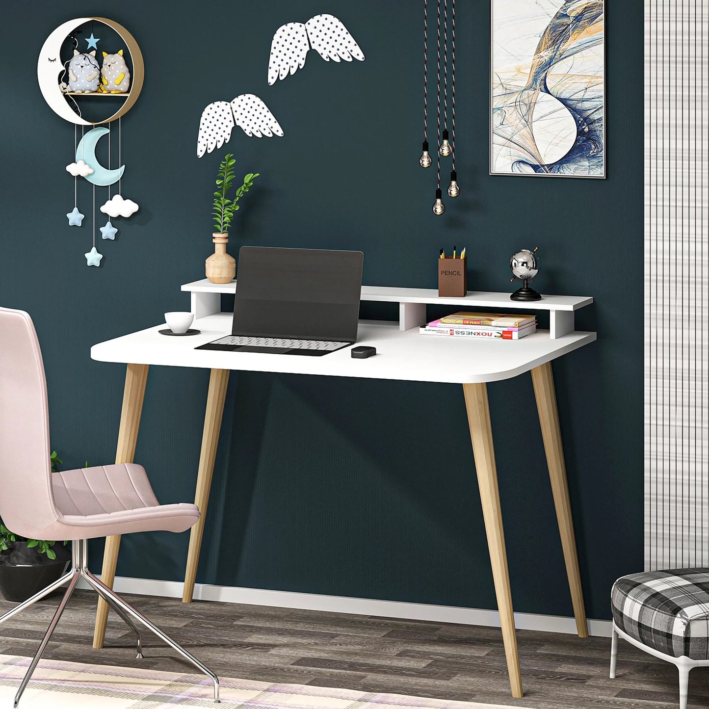 In And OutdoorMatch Bureau Serena - Met Monitorverhoger - Wit en Houtkleurig - 2 Open Compartimenten Desk