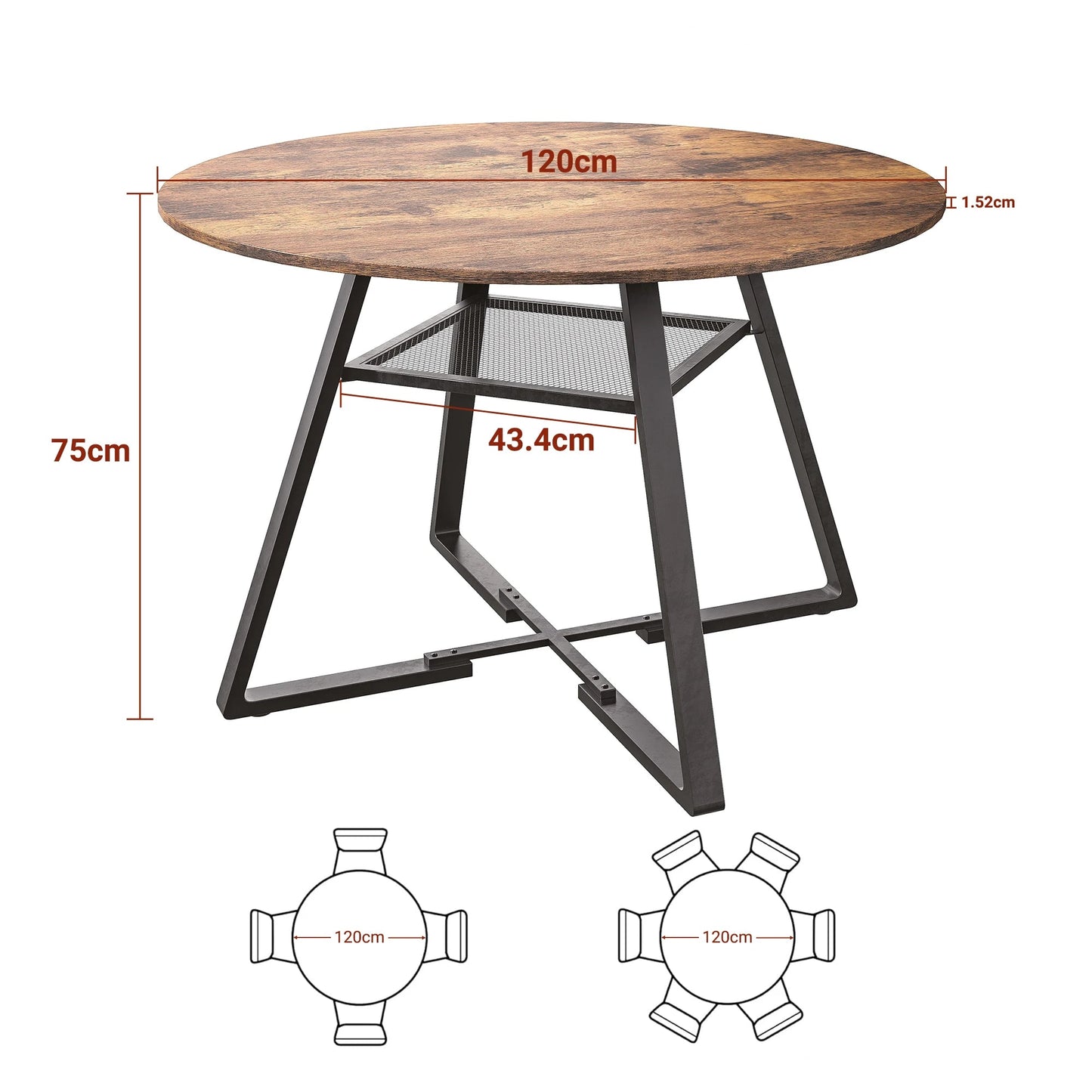 Ronde Eettafel - Houtlook Tafelblad - Zwart Metalen Frame