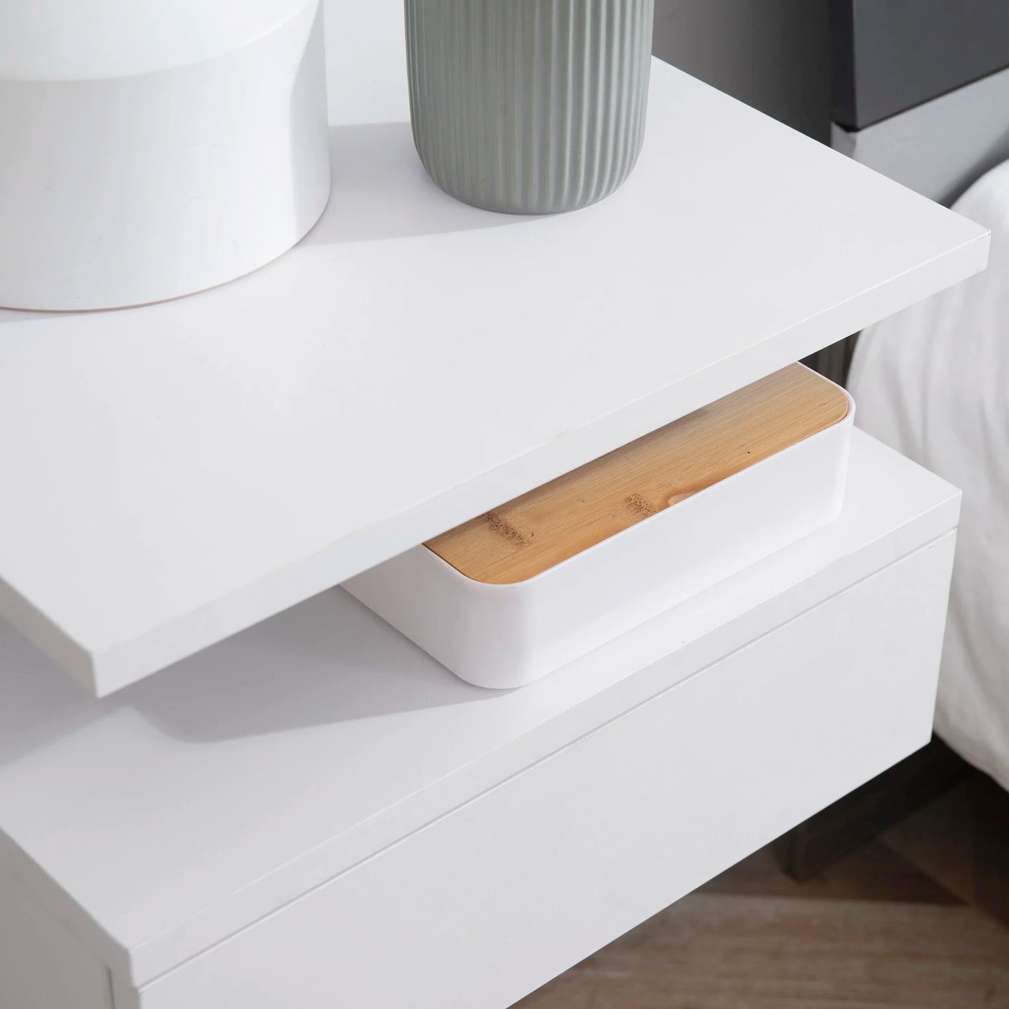 HOMCOM set of 2 Wall bedside table tables, hanging night tables with sliding drawer, open compartment, tray, style