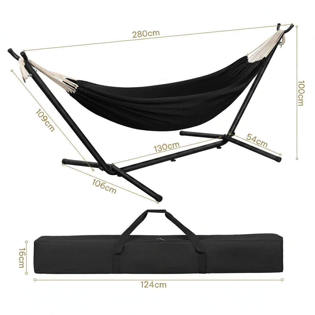 EUGAD Portable Double Hammock with Heavy Duty Stand 250kg Capacity 2 Person Outdoor Hanging Swing Bed for Camping Garden 280x106x100cm