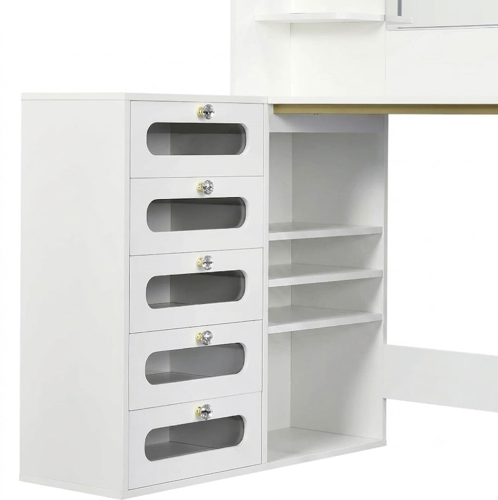 Houten L-vormige Kaptafel Set - Spiegel, LED-verlichting met 3 Lichtmodi, 5 Laden & Houten Kruk