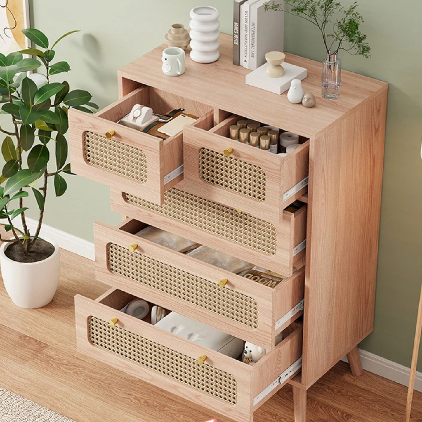 Dressoir met 5 Laden - Rattan Details - Ruime Opbergruimte - Kaki