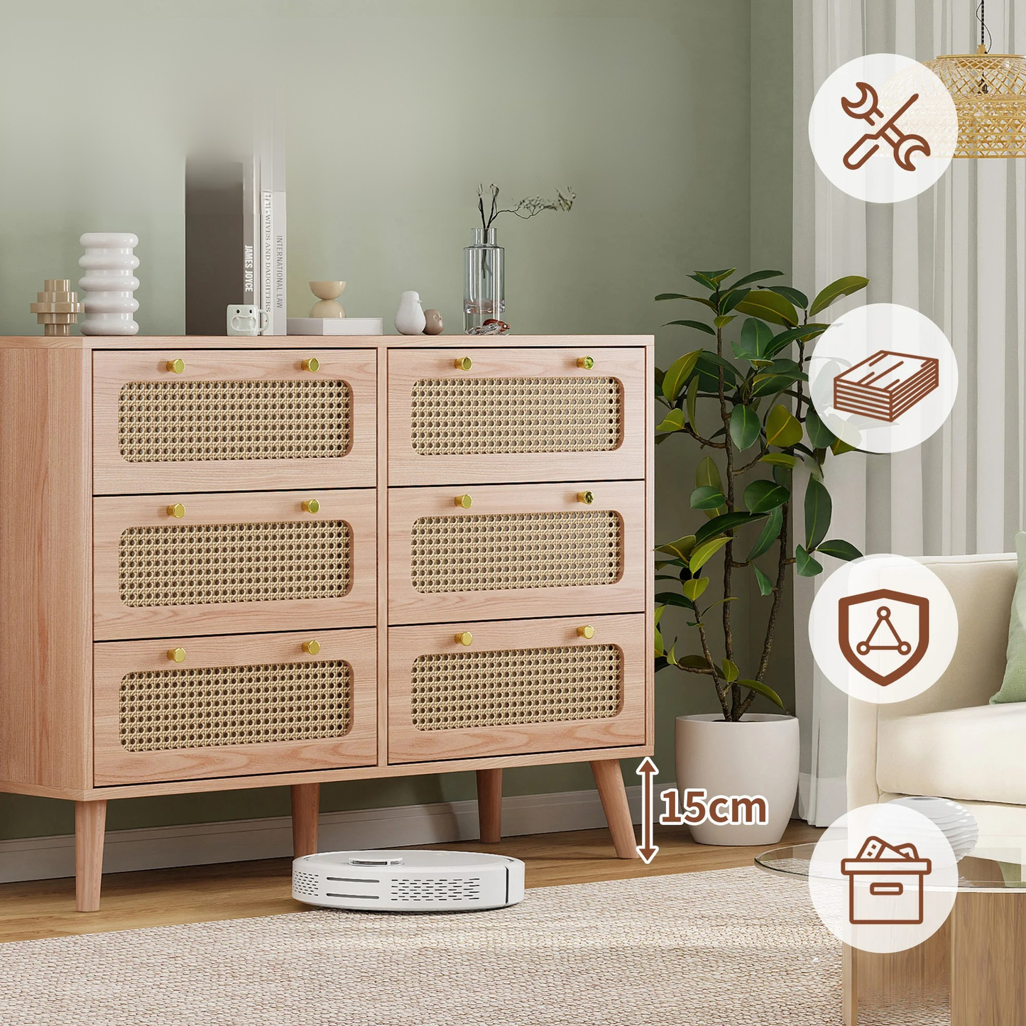 Houten Dressoir - 6 Laden - Natuurlijk Hout
