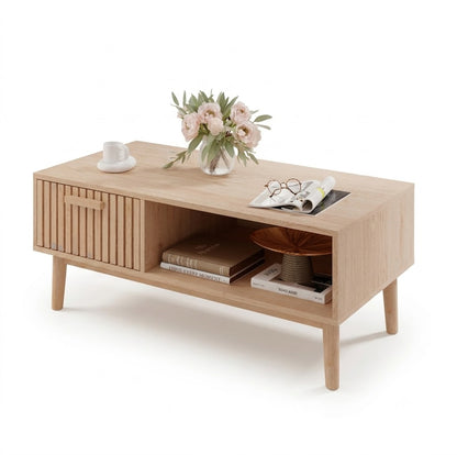 Houten Salontafel - 100 x 50 x 45 cm - Natuurlijke Houtafwerking, Opberglade & Modern Design