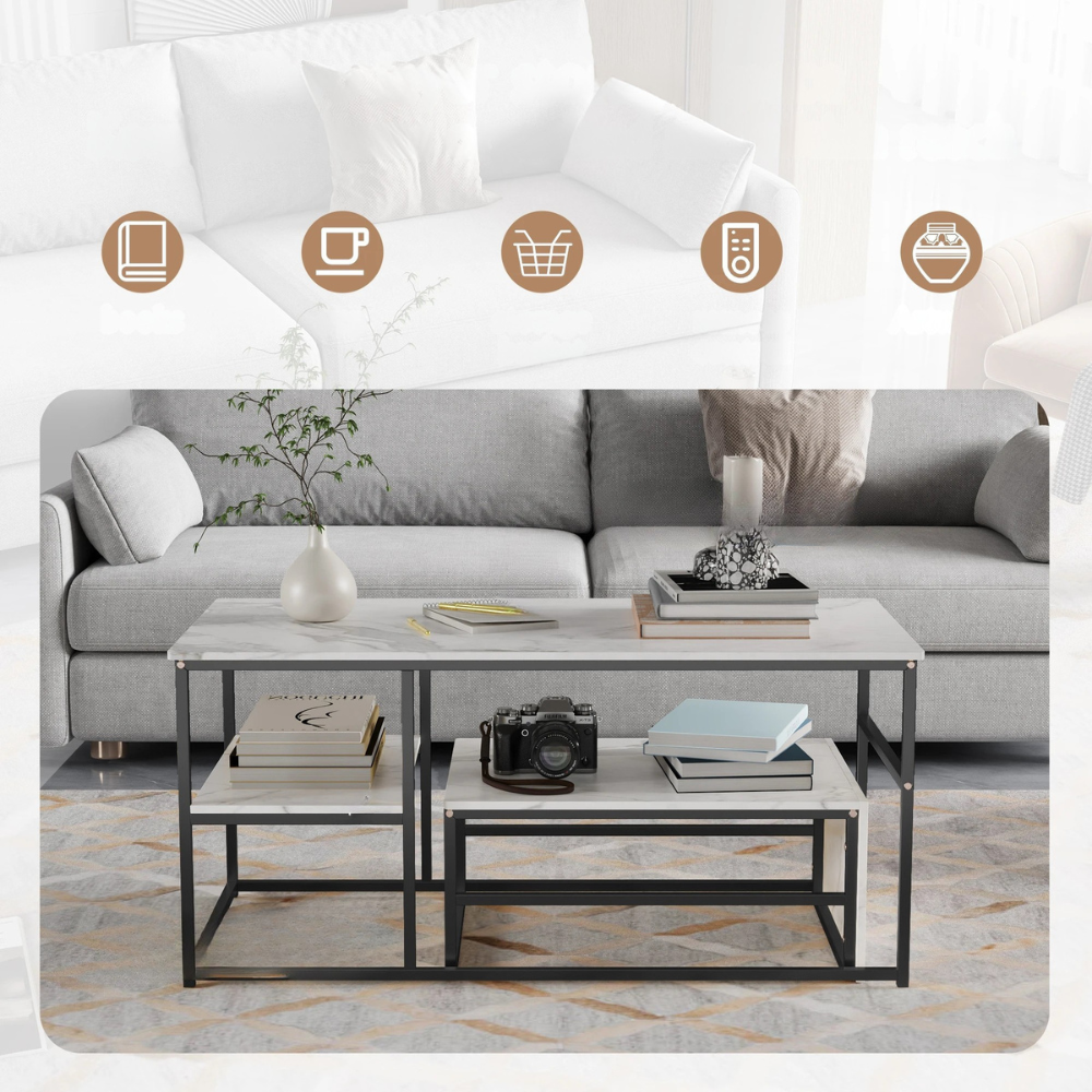 Salontafel - 2-delig - Wit Tafelblad - Zwart - Metalen Frame