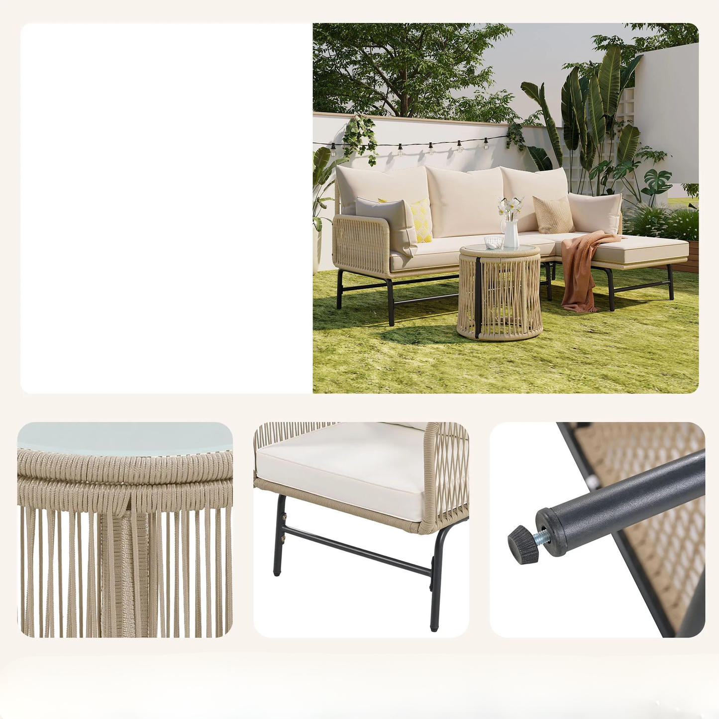 5-Persoons Lounge Set - 2 stoelen - Hoekbank - Bijzettafels - Beige