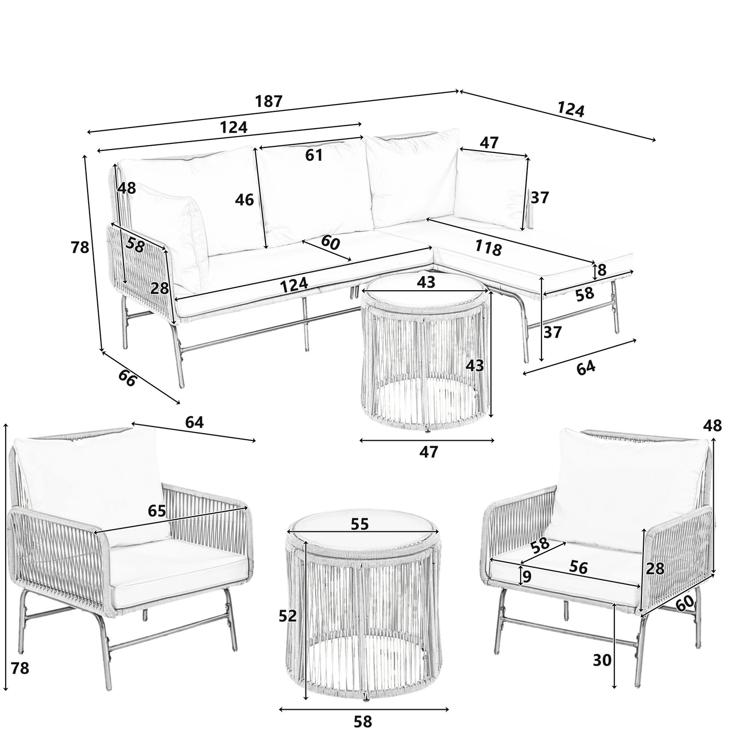 5-Persoons Lounge Set - 2 stoelen - Hoekbank - Bijzettafels - Beige
