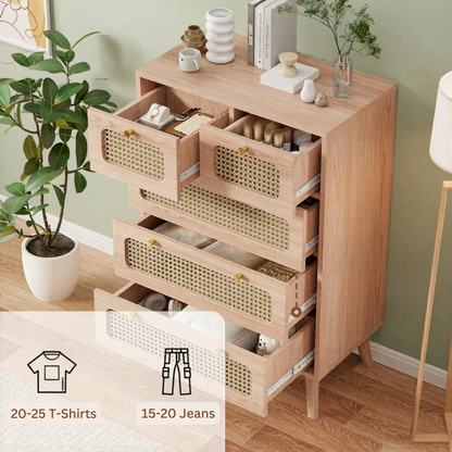 Dressoir met 5 Laden - Rattan Details - Ruime Opbergruimte - Kaki