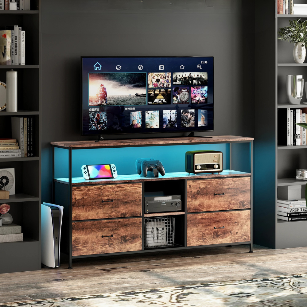 Iron Frame - 4-Deur TV-Eenheid met LED-verlichting - Zwart