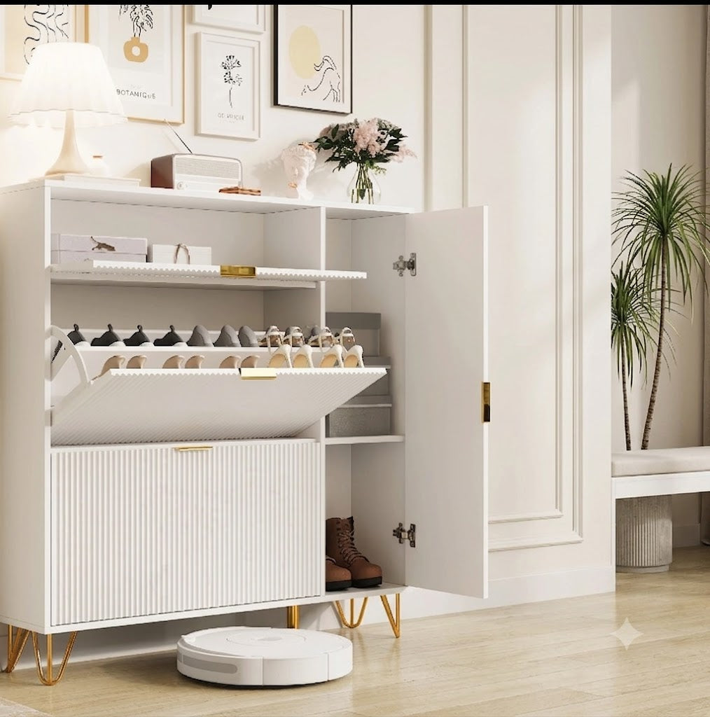 Houten Schoenenkast - 3 Vakken - Wit met Gouden Accenten, Modern Design