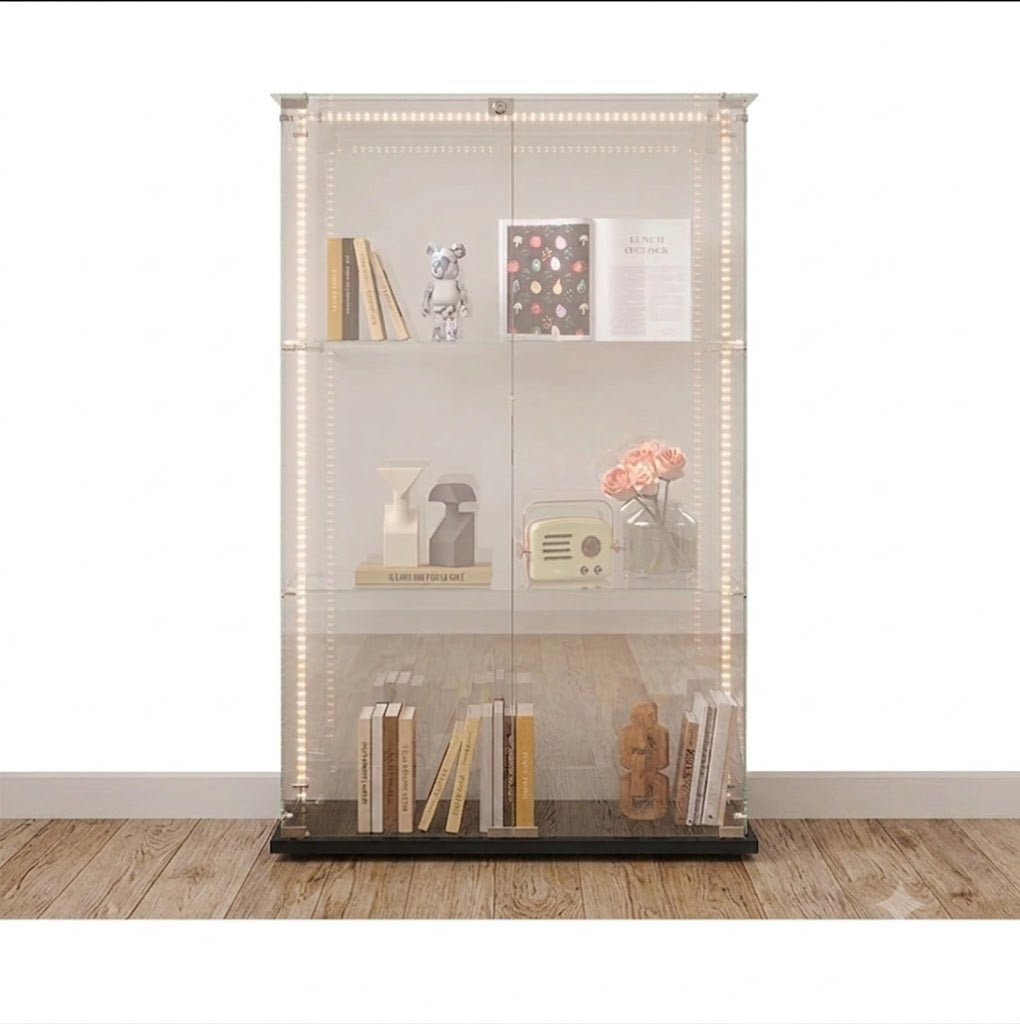 Glazen Vitrinekast - 3 Glazen Planken, Dubbele Deuren, LED-verlichting, 53 × 10 × 60 cm