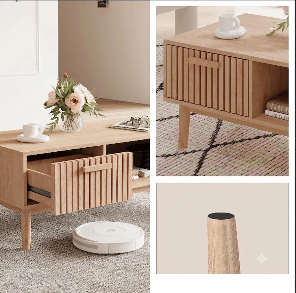 Houten Salontafel - 100 x 50 x 45 cm - Natuurlijke Houtafwerking, Opberglade & Modern Design