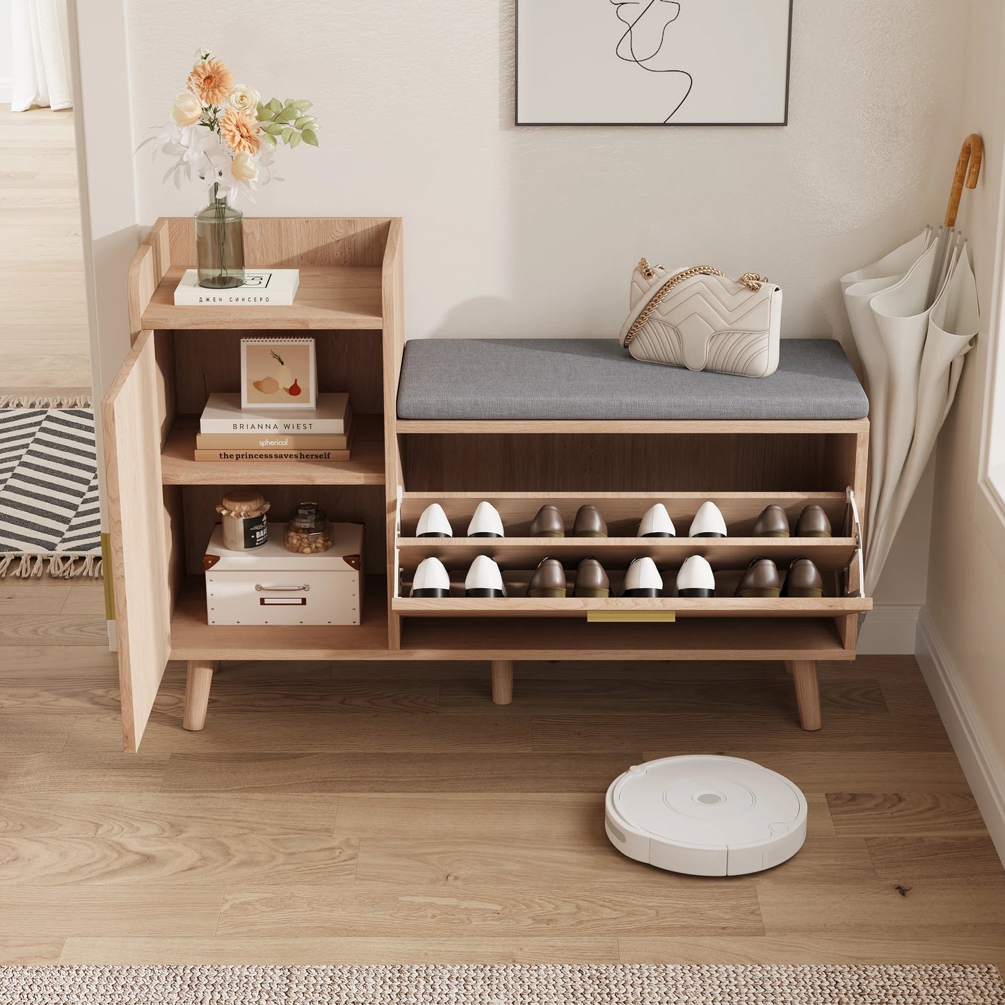 Anajqaqia 100x30x69.5cm Shoe Cabinet with Storage Space, Storage Bench, Lattice Door, Shoe Chest with Compartment, Wood
