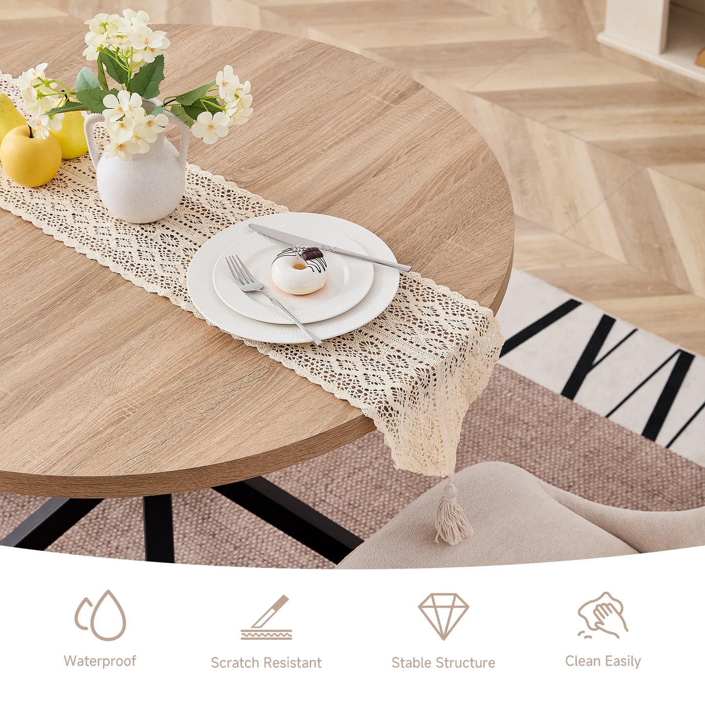 EGOONM Nordic Round Table Solid Wood Table with Wooden Lid and Steel Frame Coffee Tables Living Room Office Home Furniture 100CM