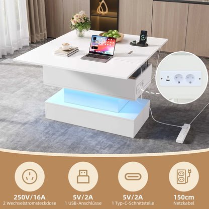 Coffee table with LED, socket & USB-C, Lift & height adjustable living room table with storage space, multifunctional sofa table & side table