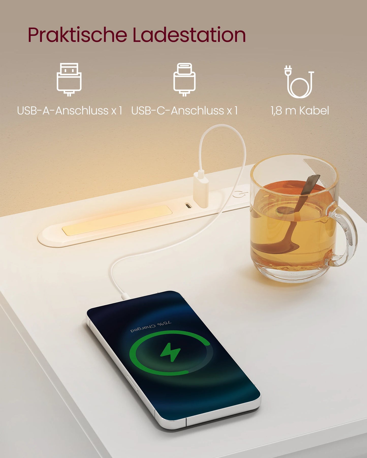 VASAGLE bedside table, narrow, side table table, LED lighting, 1 USB-A port, 1 USB-C port, drawer, open compartment