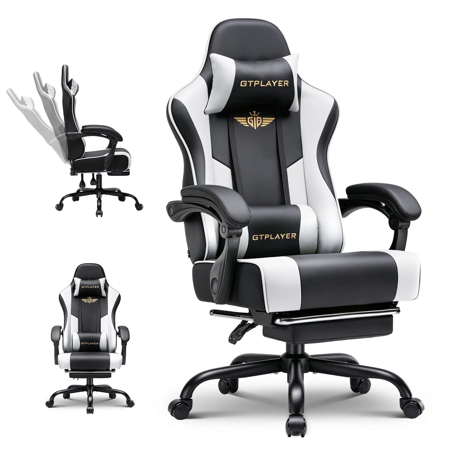 GTPLAYER Gaming chair Chair Gamer armchair-Ergonomic Gamer chair Height Adjustable Padded Gaming chair with Footrest Headrest and Lordo Support