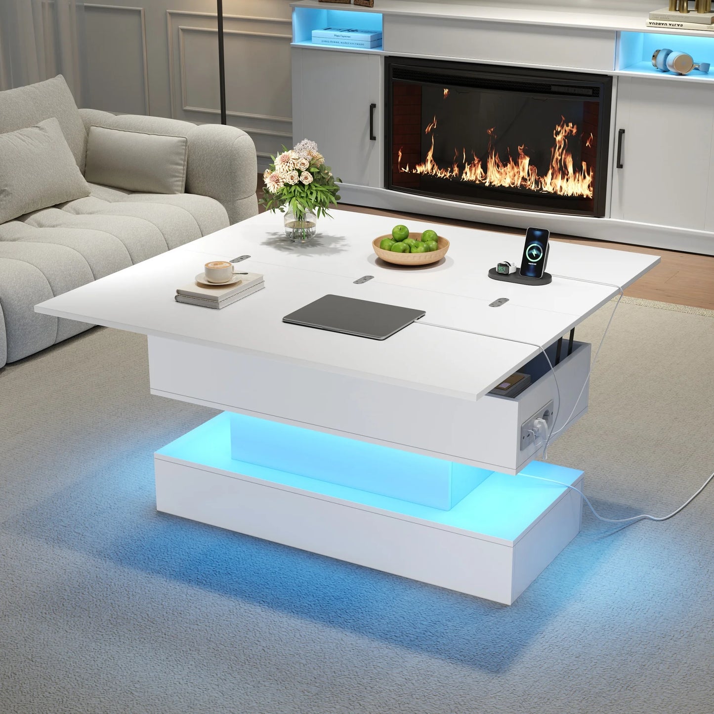 Coffee table with LED, socket & USB-C, Lift & height adjustable living room table with storage space, multifunctional sofa table & side table
