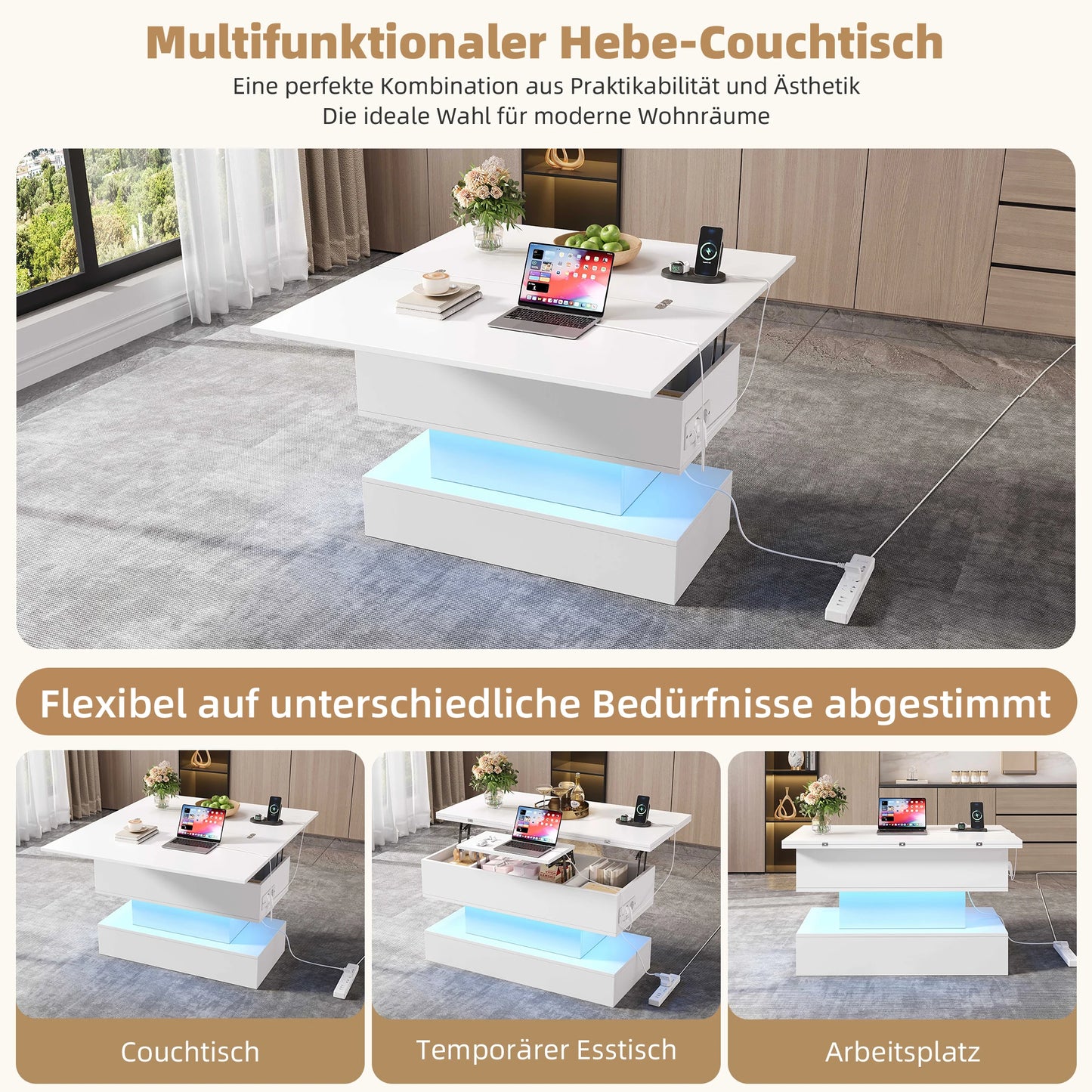 Coffee table with LED, socket & USB-C, Lift & height adjustable living room table with storage space, multifunctional sofa table & side table