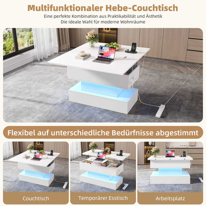 Coffee table with LED, socket & USB-C, Lift & height adjustable living room table with storage space, multifunctional sofa table & side table