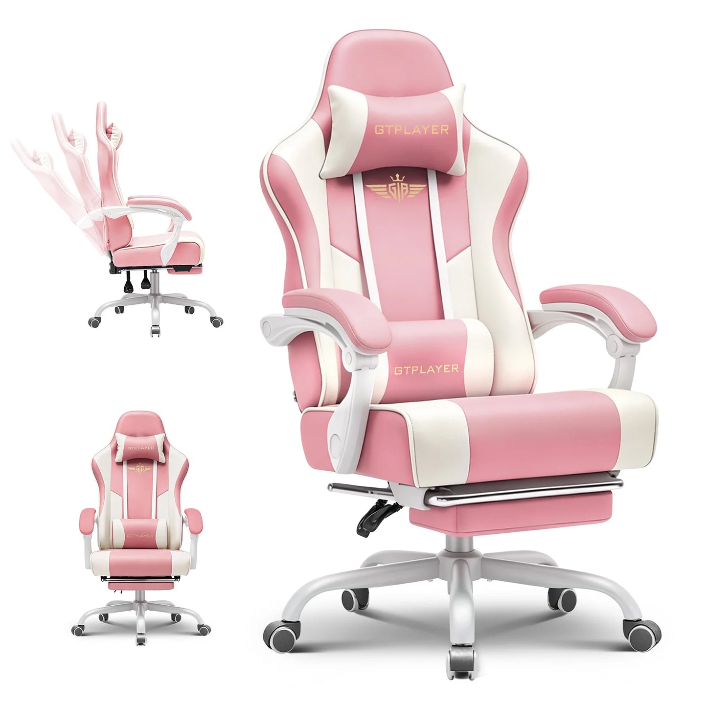 GTPLAYER Gaming chair Chair Gamer armchair-Ergonomic Gamer chair Height Adjustable Padded Gaming chair with Footrest Headrest and Lordo Support