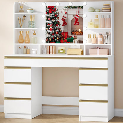 Dressing Table with 10 LED Light Balls,Adjustable Brightness,Large HD Mirror,1 Large Drawer and 8 Small Drawer Cabinets