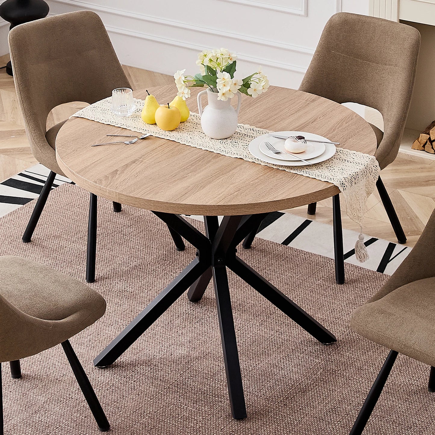 EGOONM Nordic Round Table Solid Wood Table with Wooden Lid and Steel Frame Coffee Tables Living Room Office Home Furniture 100CM