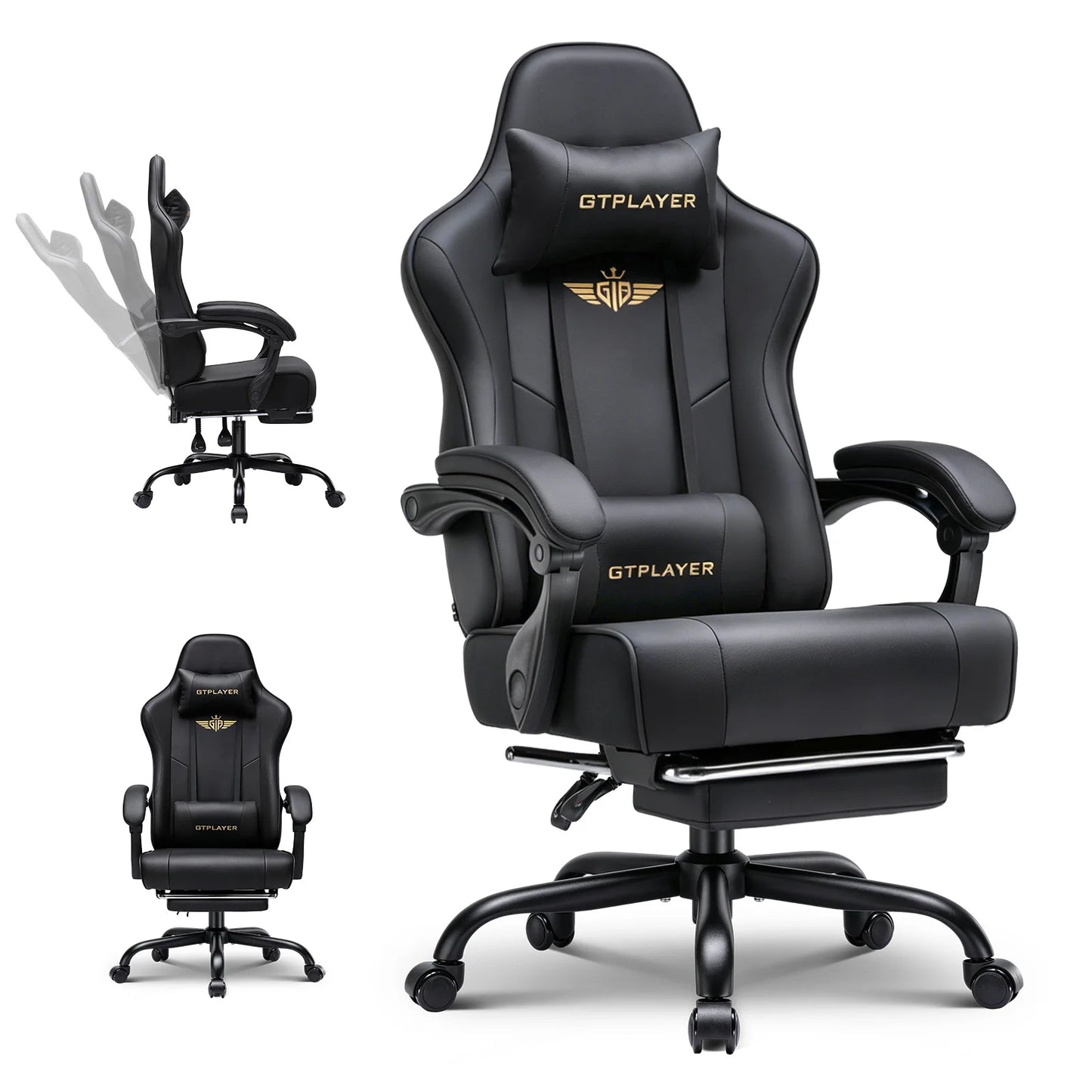 GTPLAYER Gaming chair Chair Gamer armchair-Ergonomic Gamer chair Height Adjustable Padded Gaming chair with Footrest Headrest and Lordo Support