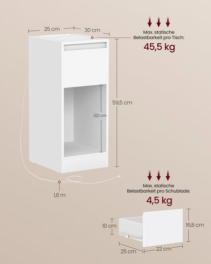 VASAGLE bedside table, narrow, side table table, LED lighting, 1 USB-A port, 1 USB-C port, drawer, open compartment