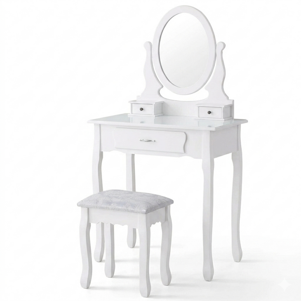 Make-up Tafel - Set met Spiegel en Stoel - 3 Laden - Wit