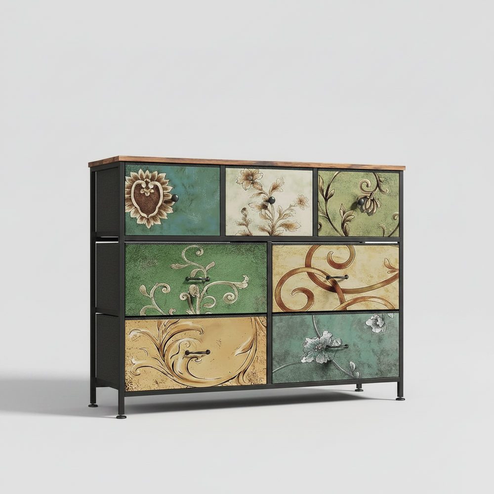 7- Delige Kast - Vintage Patroon Houten Uitstraling- Zwart Frame - Slaapkamer - Woonkamer
