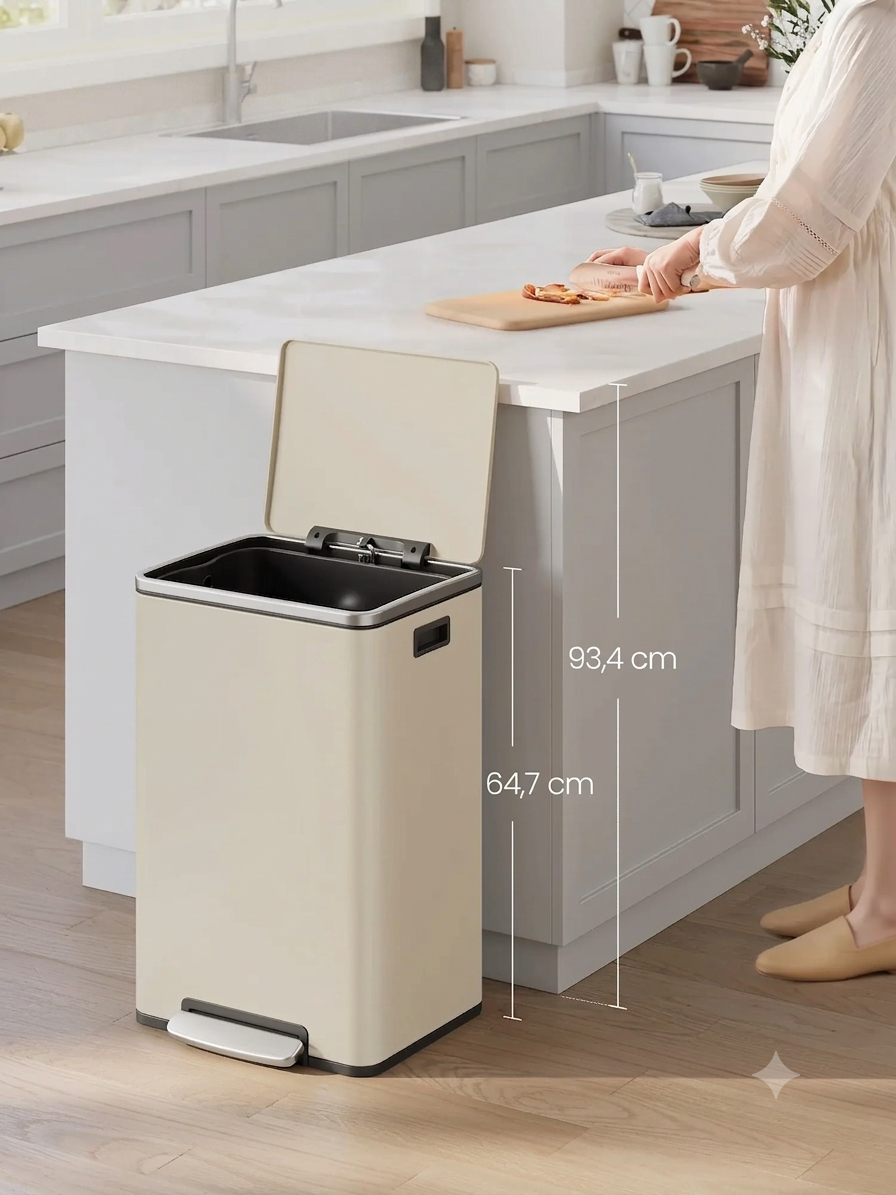 50L Afvalbak met Pedaal, Soft Close Deksel en Uitneembare Binnenemmer – Crème