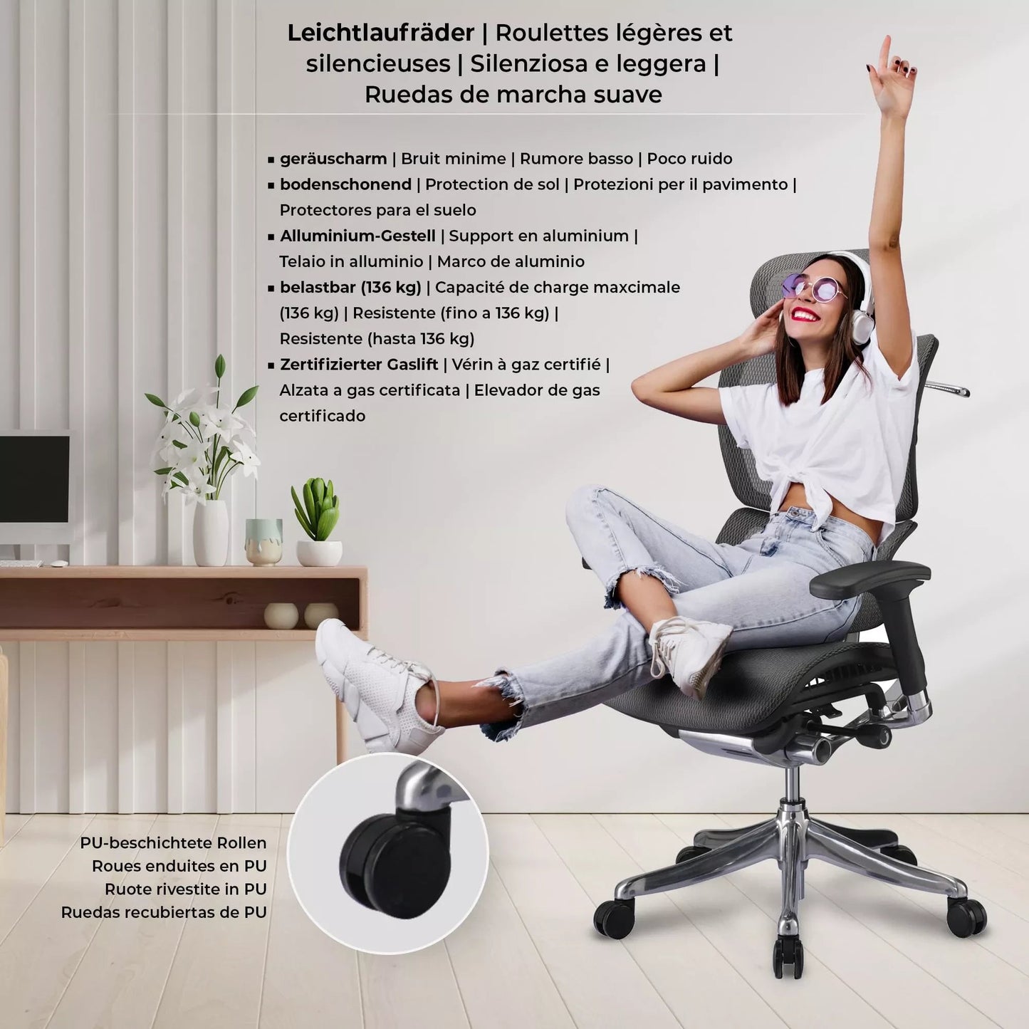 In And OutdoorMatch Bureaustoel Fabiola - Grijs - Stof - Ergonomisch - Hoogte Verstelbaar - Zithoogte 47 - 56 cm - deluxe Bureaustoel