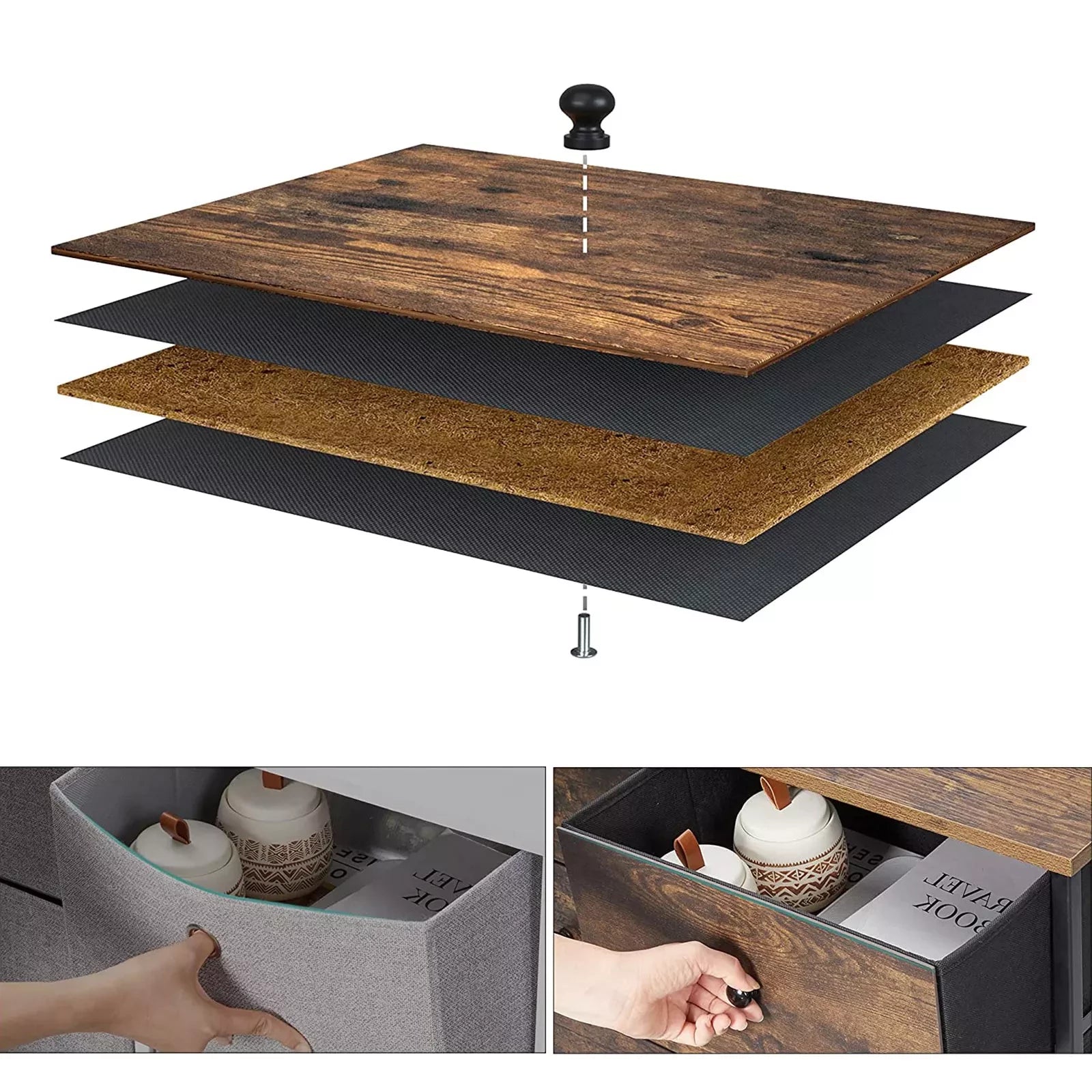 In And OutdoorMatch Commode Maud - Opbergkast - Stoffen Lades - met MDF Front - Industrieel Design - Hal - Woonkamer - Vintage Bruin/Zwart Kast