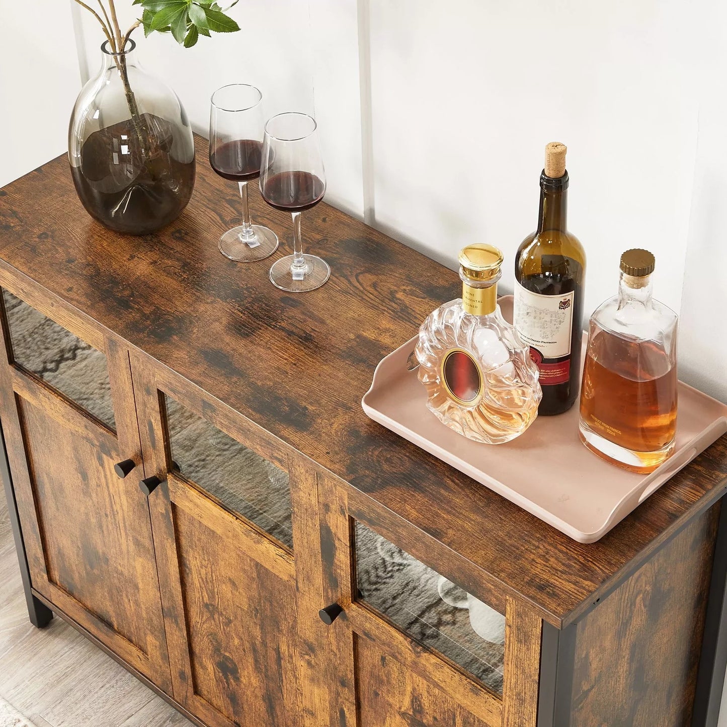 In And OutdoorMatch Dressoir Keukenkast Roger - Opbergkast met Glazen Deur - Woonkamer - Keuken - Eetkamer - Stalen Frame - Industriële Stijl - Vintage Bruin/Zwart kitchen rack