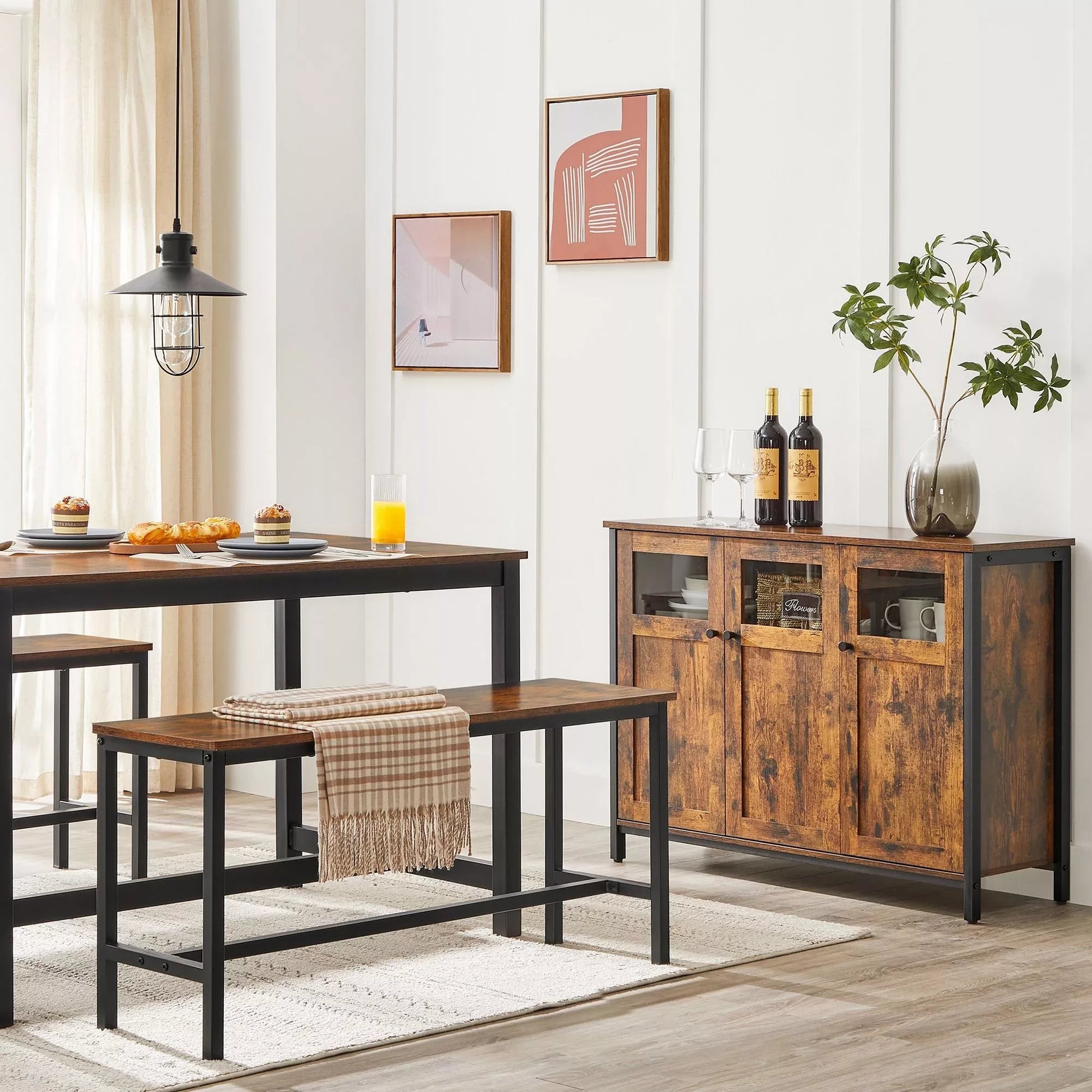 In And OutdoorMatch Dressoir Keukenkast Roger - Opbergkast met Glazen Deur - Woonkamer - Keuken - Eetkamer - Stalen Frame - Industriële Stijl - Vintage Bruin/Zwart kitchen rack