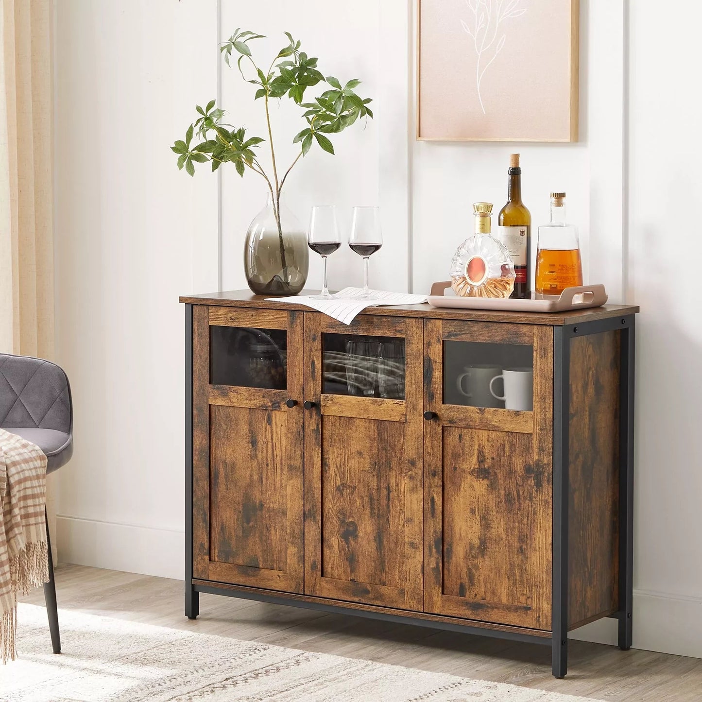 In And OutdoorMatch Dressoir Keukenkast Roger - Opbergkast met Glazen Deur - Woonkamer - Keuken - Eetkamer - Stalen Frame - Industriële Stijl - Vintage Bruin/Zwart kitchen rack