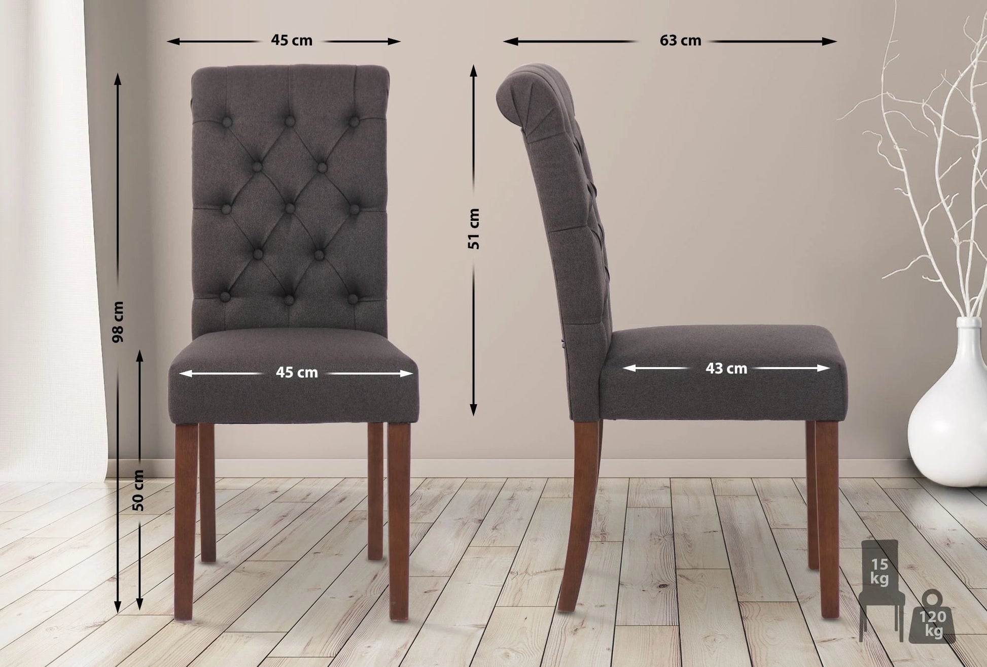 In And OutdoorMatch Eetkamerstoel Bret - Donkergrijs - Set van 2 - Stof - Hoogwaardige bekleding - Tijdloze eetkamerstoel - Vintage look Eetkamerstoel