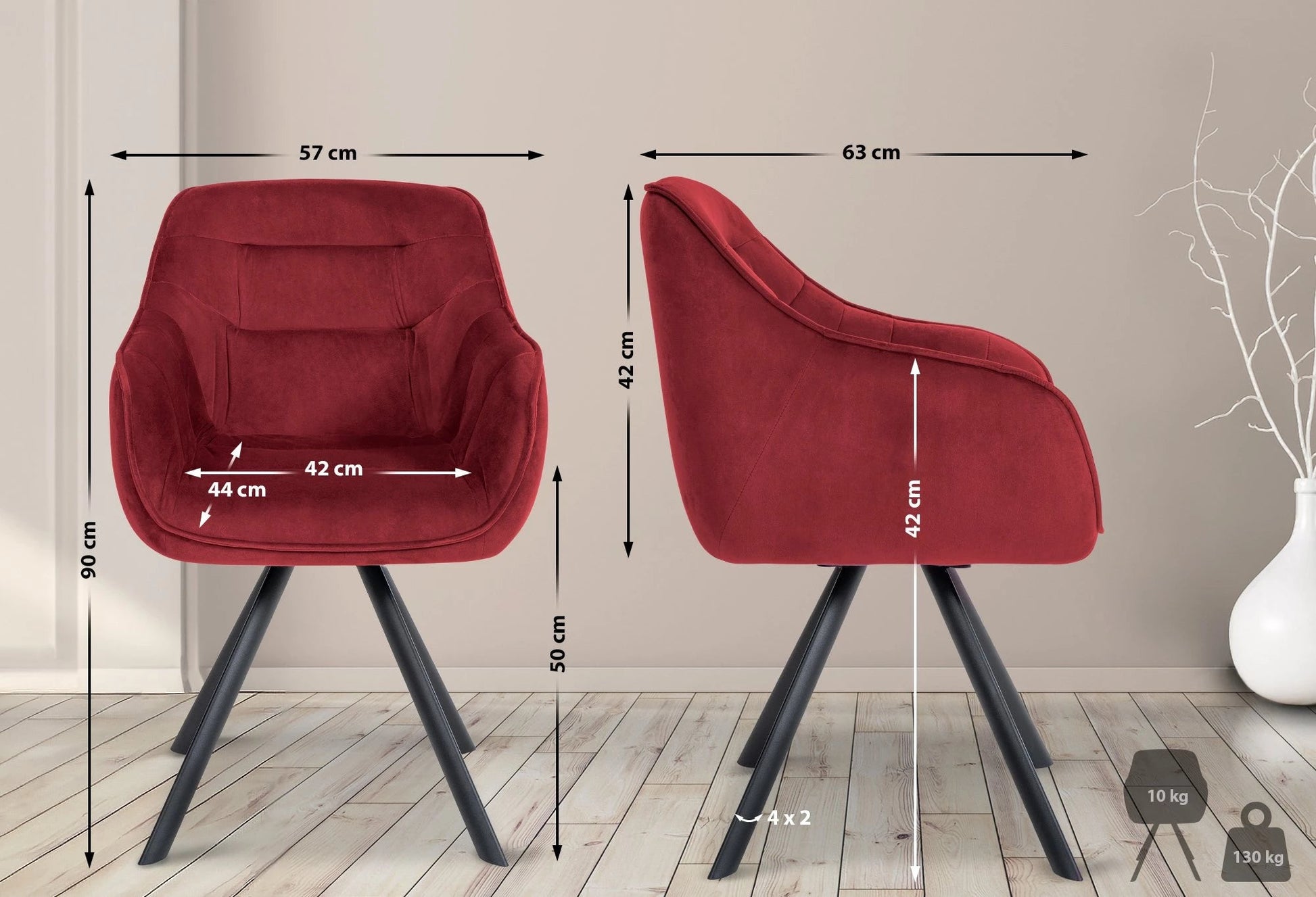 In And OutdoorMatch Eetkamerstoel Deedee - Rood - Met Armleuningen - Fluweel - Hoge Kwaliteit Bekleding - Comfortabele en Luxe Eetkamerstoel - Vintage Look Eetkamerstoel