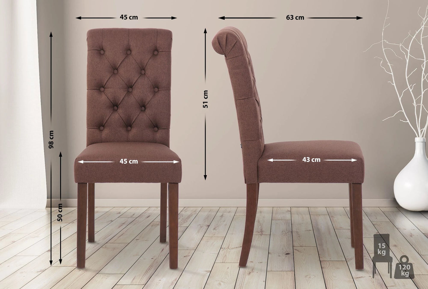 In And OutdoorMatch Eetkamerstoel Faron - Bruin - Set van 2 - Stof - Hoge kwaliteit bekleding - Tijdloze eetkamerstoel - Vintage Look Eetkamerstoel