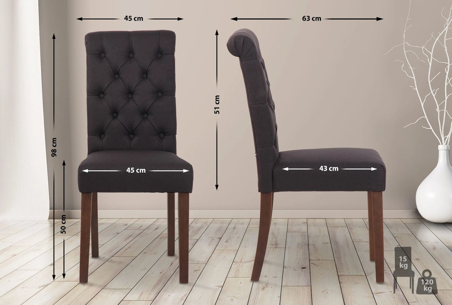 In And OutdoorMatch Eetkamerstoel Karina - Donkergrijs - Set van 2 - Stof - Hoogwaardige bekleding - Tijdloze eetkamerstoel - Vintage look Eetkamerstoel