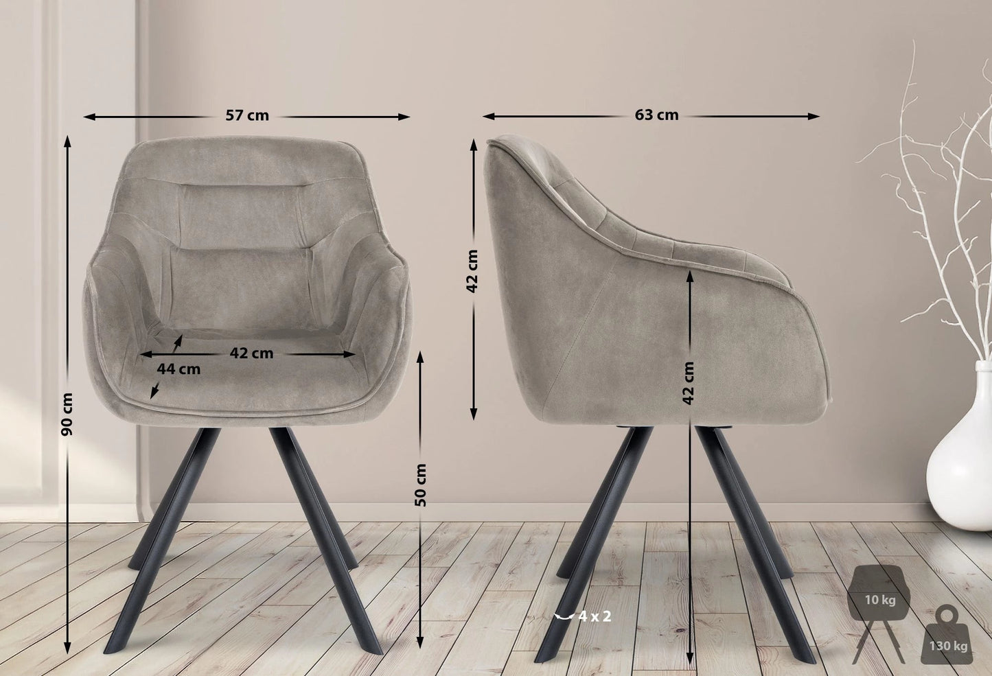 In And OutdoorMatch Eetkamerstoel Liselot - Lichtgrijs - Met Armleuningen - Fluweel - Hoge Kwaliteit Bekleding - Comfortabele en Luxe Eetkamerstoel - Vintage Look Eetkamerstoel