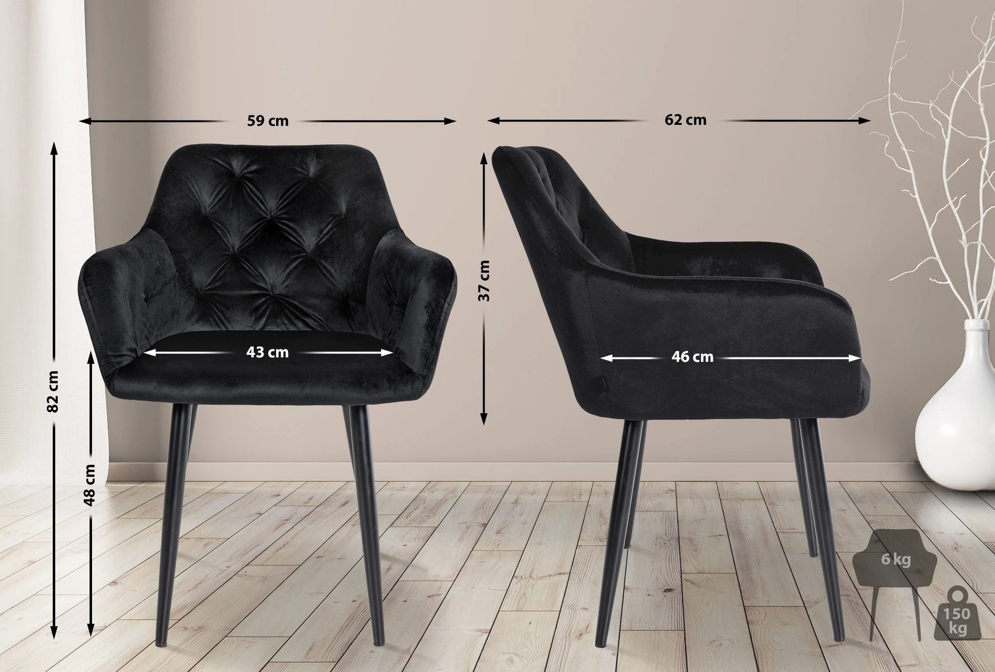 In And OutdoorMatch Eetkamerstoel Marisela - Zwart - Fluweel - Hoge Kwaliteit Bekleding - Luxe Eetkamerstoel - Vintage Look Eetkamerstoel