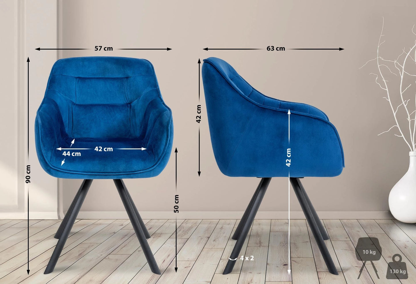 In And OutdoorMatch Eetkamerstoel Tamika - Blauw - Met Armleuningen - Fluweel - Hoge Kwaliteit Bekleding - Comfortabele en Luxe Eetkamerstoel - Vintage Look Eetkamerstoel