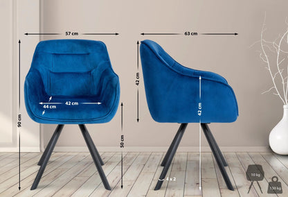 In And OutdoorMatch Eetkamerstoel Tamika - Blauw - Met Armleuningen - Fluweel - Hoge Kwaliteit Bekleding - Comfortabele en Luxe Eetkamerstoel - Vintage Look Eetkamerstoel