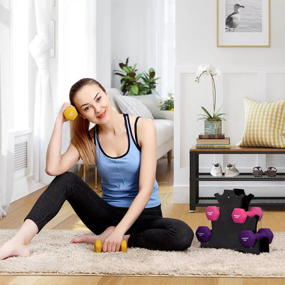 In And OutdoorMatch Halterset Earleen - met Rek - 2x1kg - 2x1,5kg - 2x2kg - Matte Afwerking - Krachttraining Thuis - Geel - Roze - Paars Dumbell set