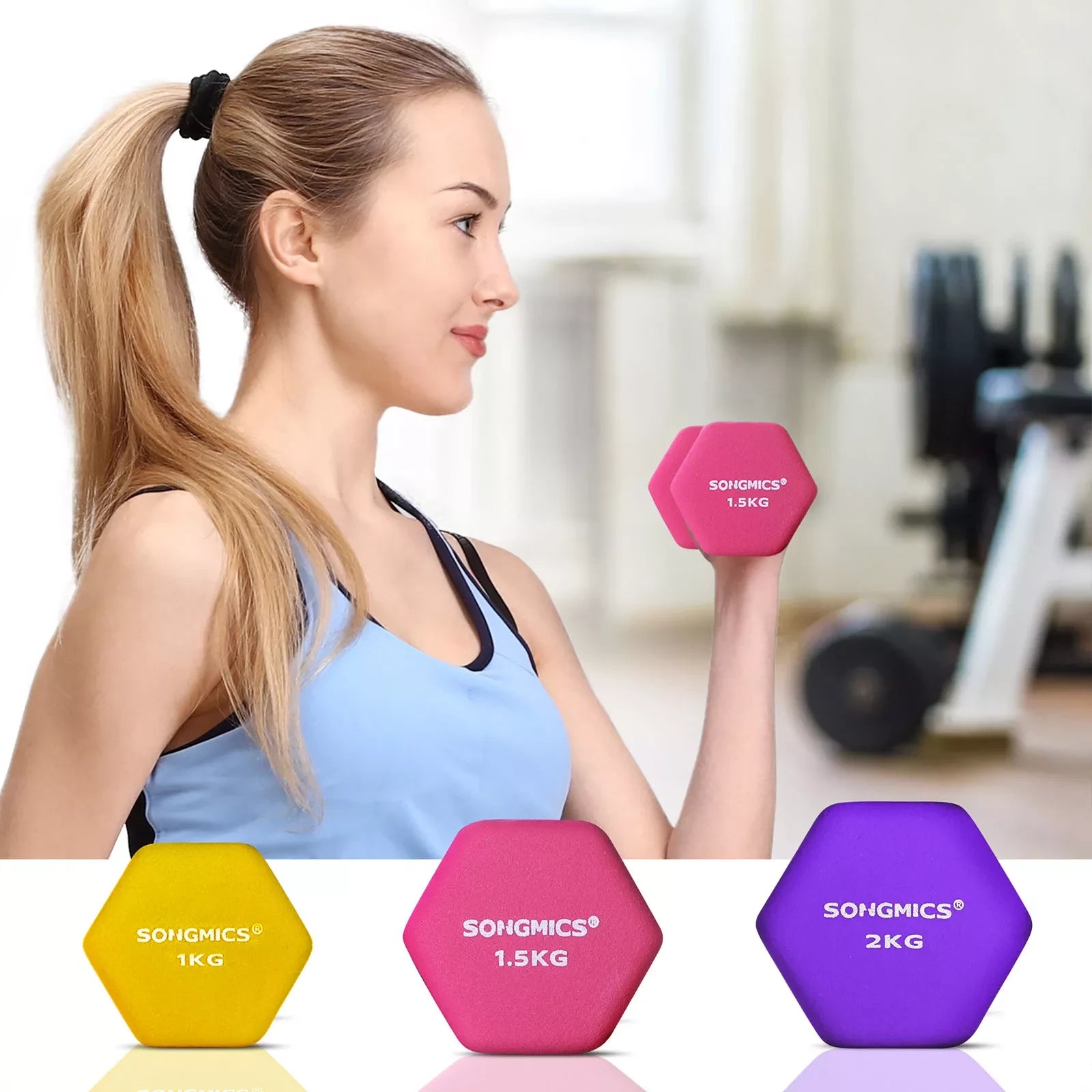 In And OutdoorMatch Halterset Earleen - met Rek - 2x1kg - 2x1,5kg - 2x2kg - Matte Afwerking - Krachttraining Thuis - Geel - Roze - Paars Dumbell set