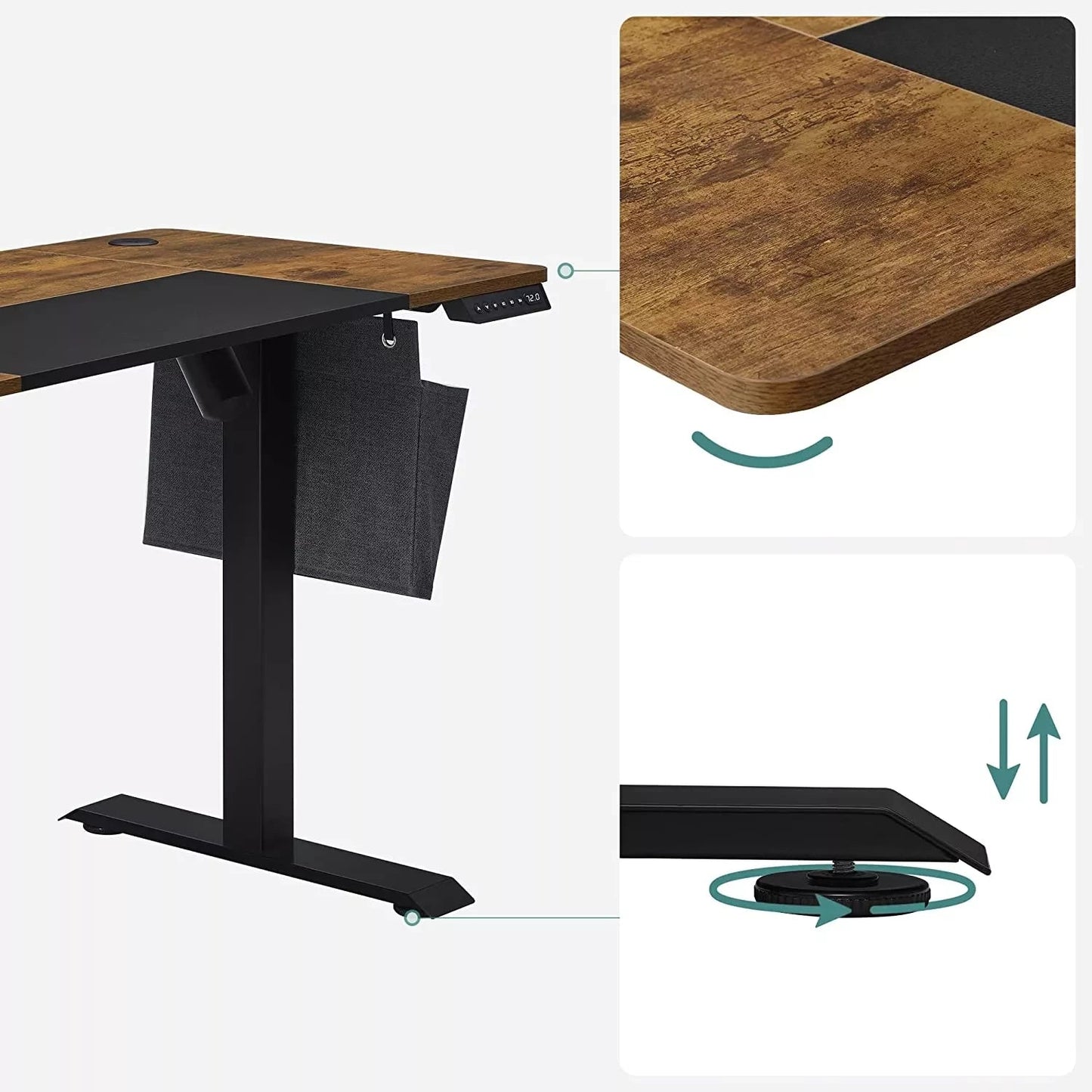 In And OutdoorMatch In Hoogte Verstelbaar Bureau Dorian - Elektrisch - Traploos Verstelbaar - Gedeeld Werkblad - 4 Opberghoogtes - Stoffen Tas - 120x60x(72-120)cm - Gemaakt van Staal - Vintage Bruin/Zwart Desk